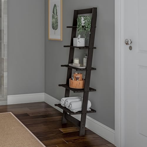 5-Tier Leaning Ladder Shelf, 50-Inch Narrow Wood Bookcase in Black