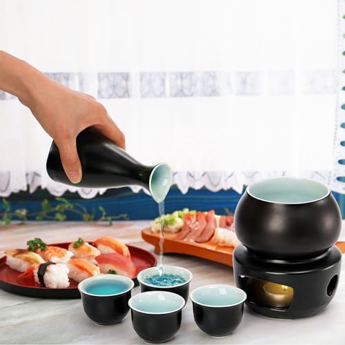 Ceramic Sake Set with Warmer - Hot & Cold Sake Drinking Kit, 7 Pieces