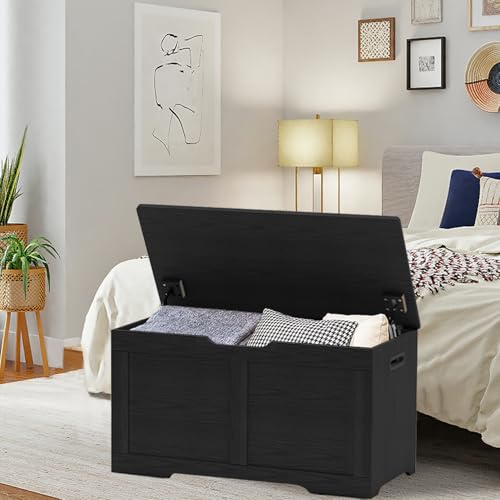 31.5-Inch Wooden Storage Bench with Safety Hinges, Large Lift-Top Toy Chest