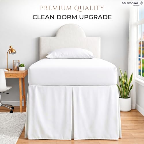 Twin XL Bed Skirt 42 Inch Drop Length Pleated Microfiber Dorm Room Bedding - White, Split Corner - Variation 01