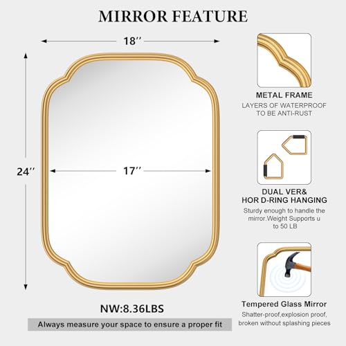 18x24 Inch Gold Wall Mirror, Rounded Rectangular Metal Framed Mirror