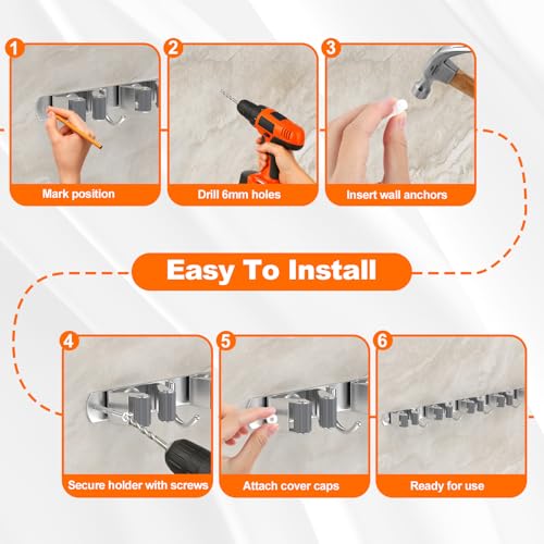 Stainless Steel Broom Holder Wall Mount Mop Organizer with 5 Racks and 4 Hooks
