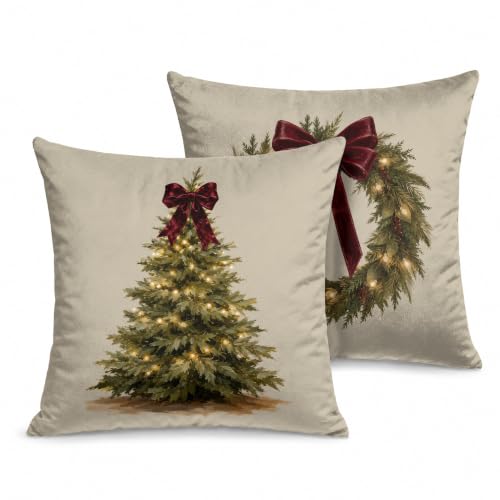 Vintage Christmas Tree Wreath Pillow Covers Set of 2 18x18 Inch