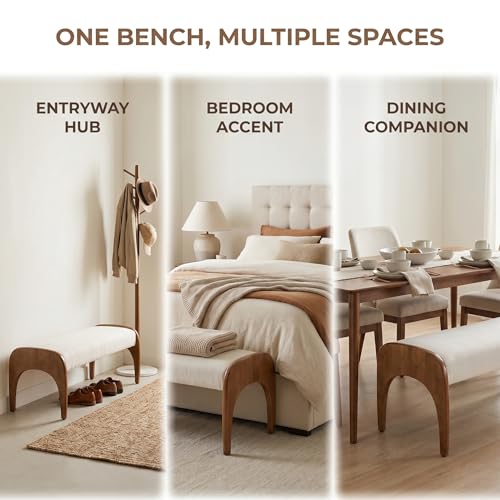 51" Extra Long Upholstered Bench, Cream Linen Seat with Walnut Wood Legs