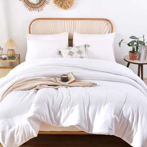 ROSGONIA Full Size White Boho Comforter Set - 3 Piece Lightweight Bedding Set