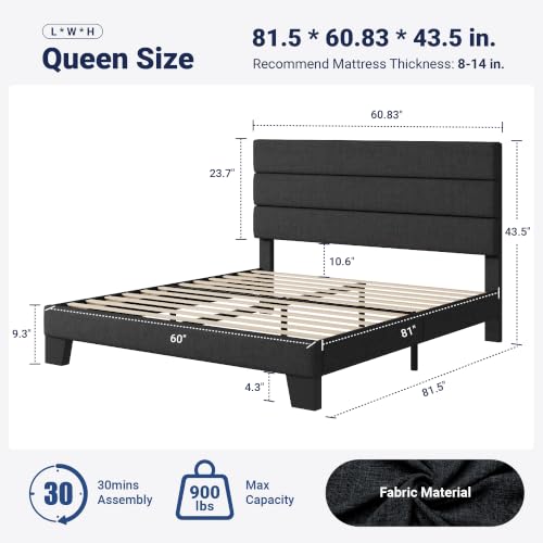 Allewie Queen Size Platform Bed Frame with Upholstered Headboard Dark Grey