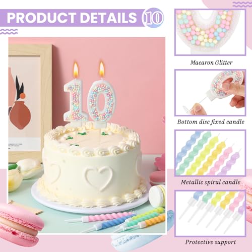 Macaron Number 10 Birthday Candle Set with 12 Pastel Rainbow Spiral Candles