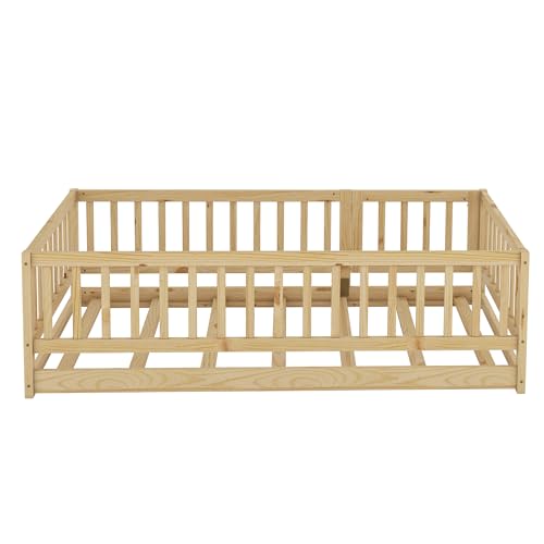 Twin Size Montessori Floor Bed with Safety Rails and Door, Pine Wood