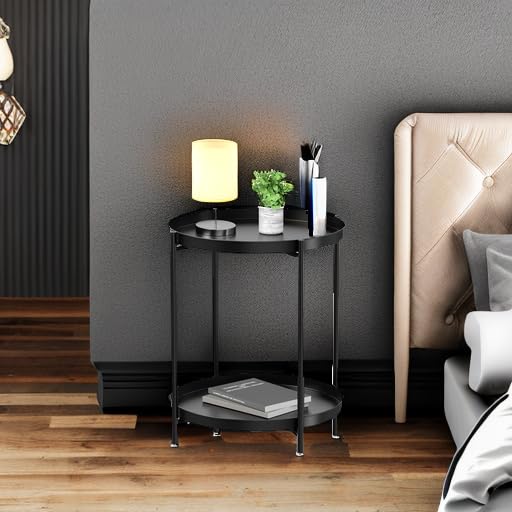 2-Tier Round Metal End Table with Removable Tray, Waterproof Side Table