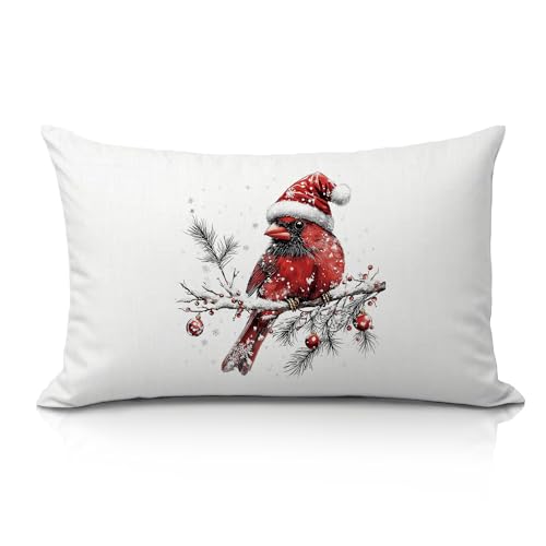 Christmas Red Cardinal Bird 12x20 Pillow Cover - Rustic Holiday Decor for Living Room & Bedroom