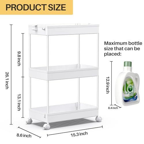 3-Tier Slim Rolling Utility Cart, Mobile Storage Organizer with Wheels - White