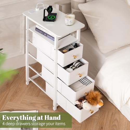 Tall Narrow Nightstand with Charging Station, LED Lighting & 4 Fabric Drawers