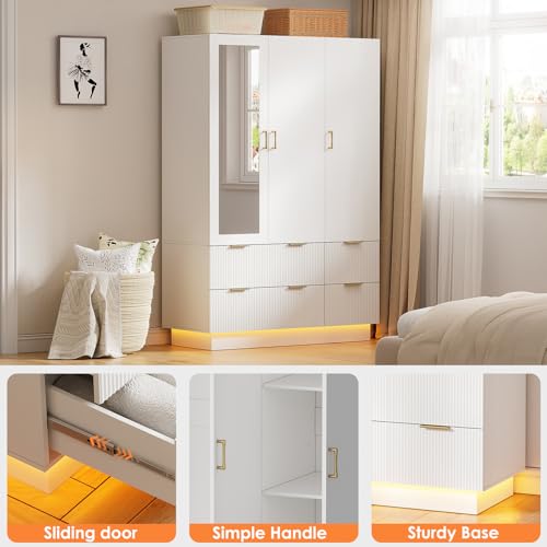 3-Door Wardrobe Closet with Mirror, Drawers, and RGB LED Lighting