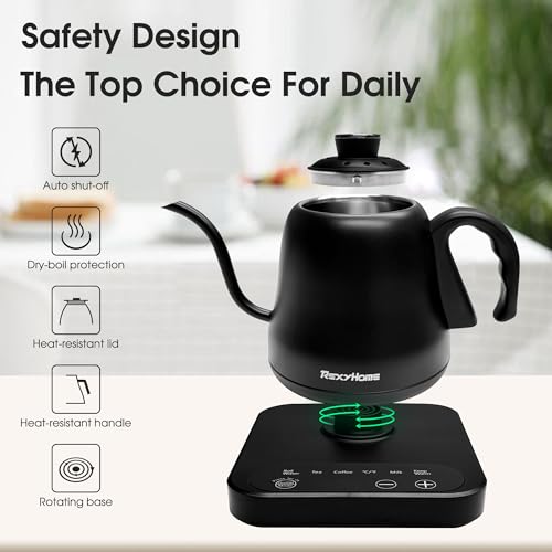 REXYHOME Matte Black 316L Stainless Steel Gooseneck Electric Kettle with Temperature Control
