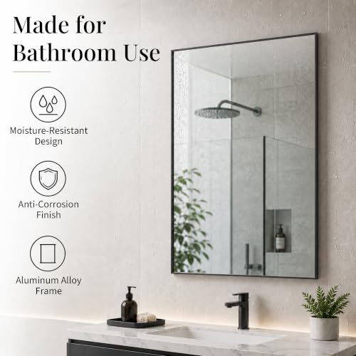 2-Pack 24x36 Inch Matte Black Bathroom Vanity Wall Mirrors, Tempered Glass