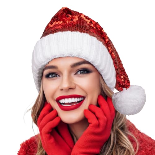 CLOOOUDS Red Sequin Santa Hat Glitter Knitted Xmas Beanie for Adults, 1 Pack