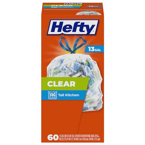 13 Gallon Tall Clear Kitchen Trash Bags with Drawstring, 60 Count