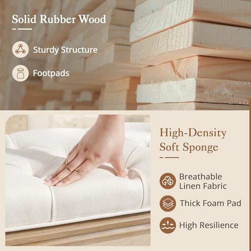 60-Inch Upholstered Tufted Bedroom Bench with Carved Wooden Legs, Beige