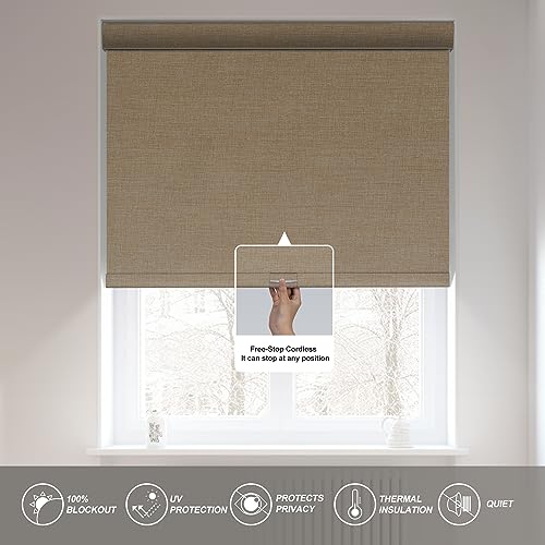 Custom Beige Blackout Roller Shades - Cordless Linen Fabric