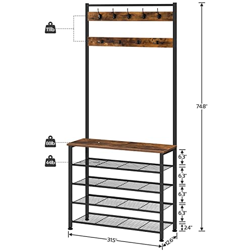 Industrial Hall Tree with Bench and 5-Tier Shoe Rack, 9 Hooks for Entryway