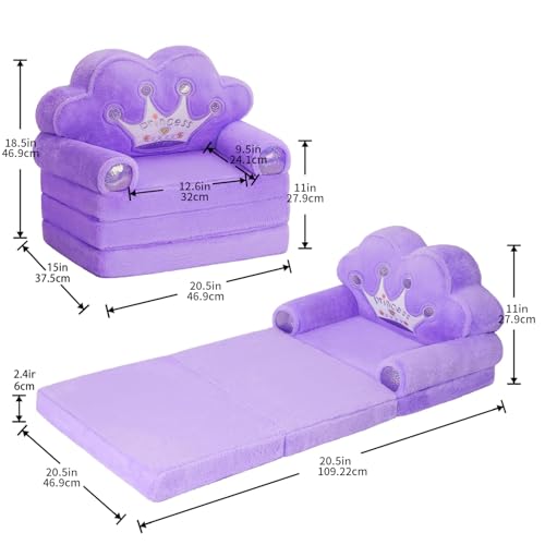 Foldable Toddler Flip Out Sofa Chair - Soft Plush Crown Kids Couch, Purple