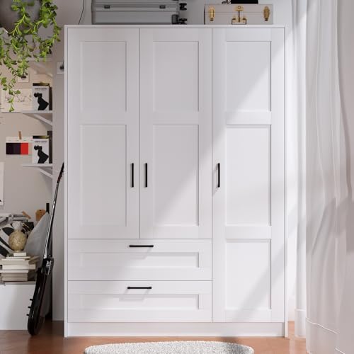 3-Door Wooden Wardrobe with 2 Drawers, White Freestanding Bedroom Closet