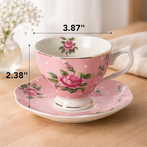 Pink Floral Tea Cup Set of 4 - 8 oz Porcelain Tea Cups with Gold Trim, Dishwasher Safe