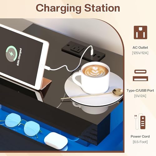 3-Piece Modern Coffee Table Set with LED Lights, Storage, and Charging