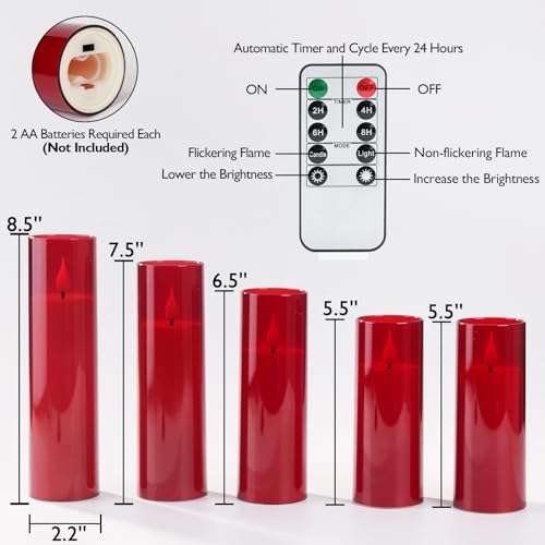 Amagic Red & Warm Yellow Flameless LED Pillar Candles with Remote Timer (5-Pack)