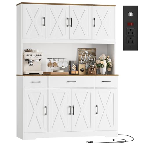 71" Tall Farmhouse Kitchen Pantry Cabinet with Charging Station & Countertop