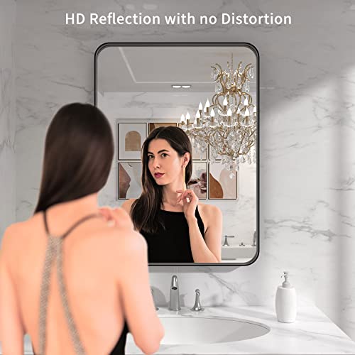 LOAAO 22x30 Inch Black Bathroom Mirror, Rounded Rectangle Metal Framed Vanity Mirror