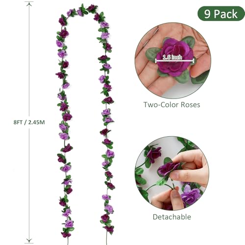 Purple Rose Garland - 9 Pack 72 FT Silk Flower Vines for Decor