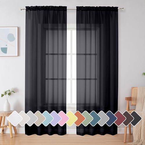 Black Sheer Curtains 84 Inches Long - Light Filtering Rod Pocket Panels (Set of 2)