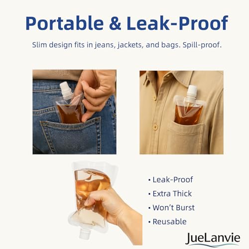 20 Pcs 8oz Collapsible Plastic Drink Pouches - Leak-Proof Travel Flasks, Small Mouth, JueLanvie