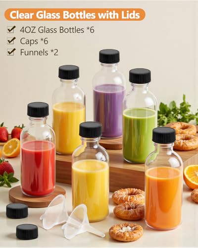 6 Pack 4 oz Clear Glass Bottles with Lids - Boston Round Travel Containers