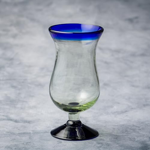 Handblown Mexican Glass Hurricane with Cobalt Rim - Set of 6, Eco-Friendly, Lead-Free