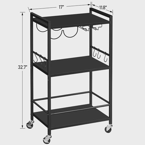 3-Tier Mobile Bar Cart with Wine Rack, Glass Holder, and 6 Hooks