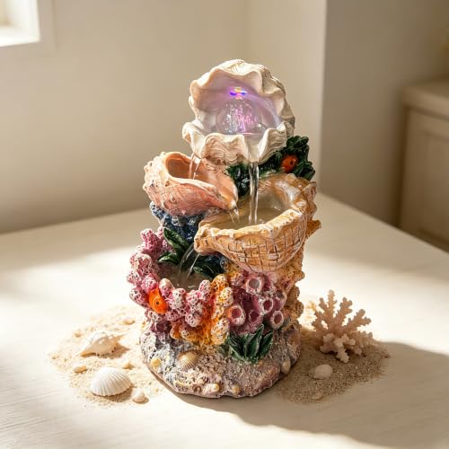 YOQUATE Ocean Themed Tabletop Water Fountain for Meditation - Seashell & Coral Decor