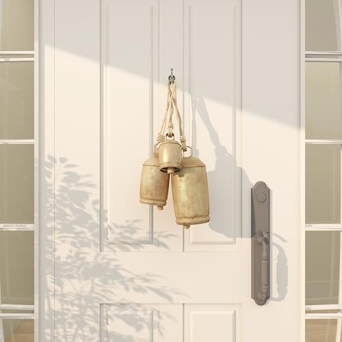 Rustic Gold Metal Cow Bells Set of 3 - Hanging Wall Decor with Jute Rope