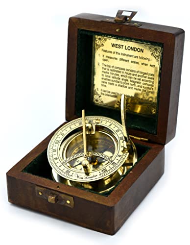 Antique Brass Sundial Compass with Wooden Gift Box - Nautical Decor