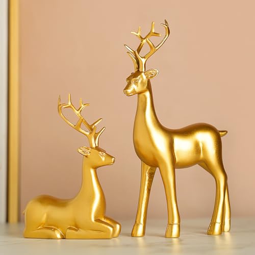 2-Piece Gold Reindeer Statue Set - Modern Resin Elk Holiday Home Decor
