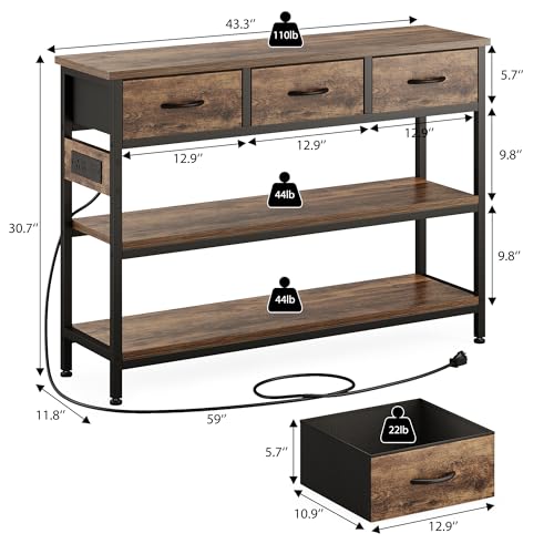 43-Inch Console Table with Charging Station and 3 Fabric Drawers