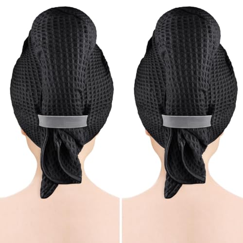 Black Microfiber Hair Towel Wrap 40" x 26.5" - Fast Drying, Curly & Thick Hair, Elastic Strap