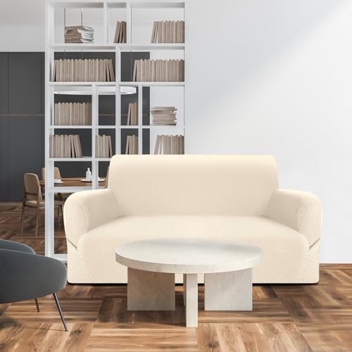 Couch and Loveseat Sofa Covers Set - Beige Fleece, Washable, Non-Slip