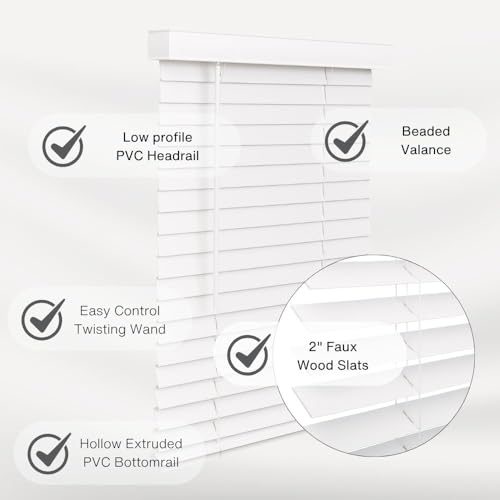 Cordless Faux Wood Blinds 35" x 60" - Smooth Snow White 2" Slats