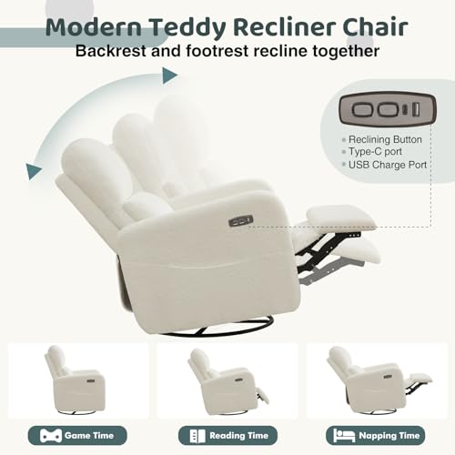 Oversized Boucle Swivel Glider Recliner with Power Lumbar Support