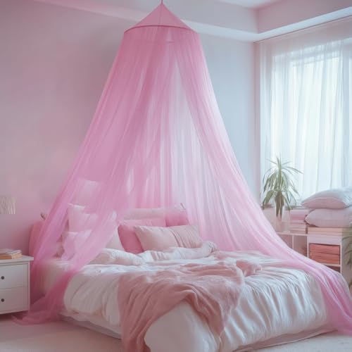 Pink Bed Canopy Curtains for Girls Room - Round Ceiling Dome Mosquito Net