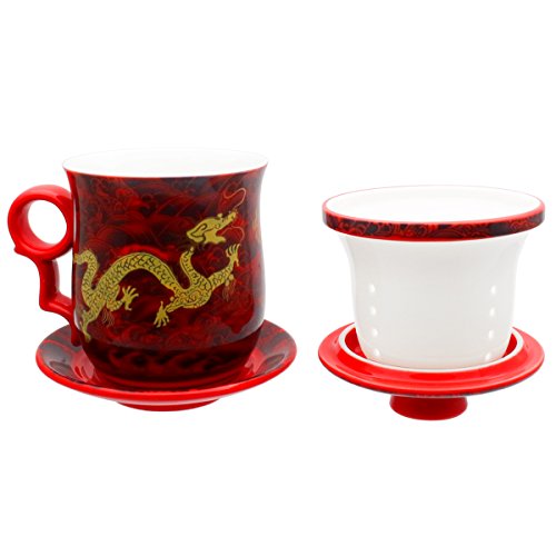 Tea Talent Dragon Red Waves Porcelain Tea Cup Set with Infuser & Saucer – Jingdezhen Chinese Teaware for Loose Leaf Brewing, 350ml