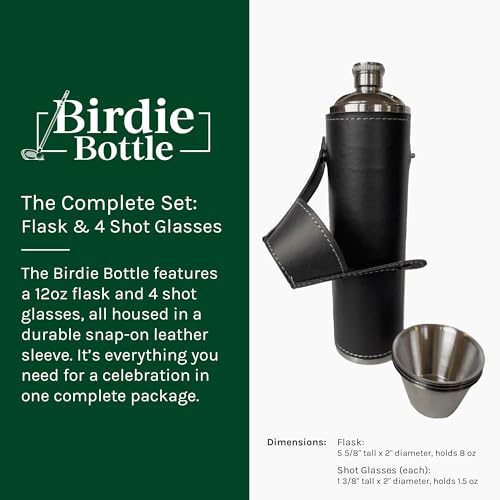 Birdie Bottle 12oz Black Flask with 4 Shot Glasses - Stainless Steel, Waterproof Leather Case, Travel
