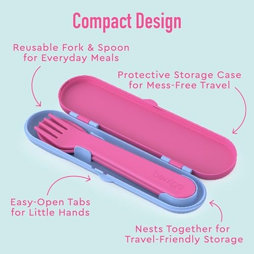 Kids Reusable Plastic Utensil Set with Fork, Spoon & Travel Case - BPA-Free